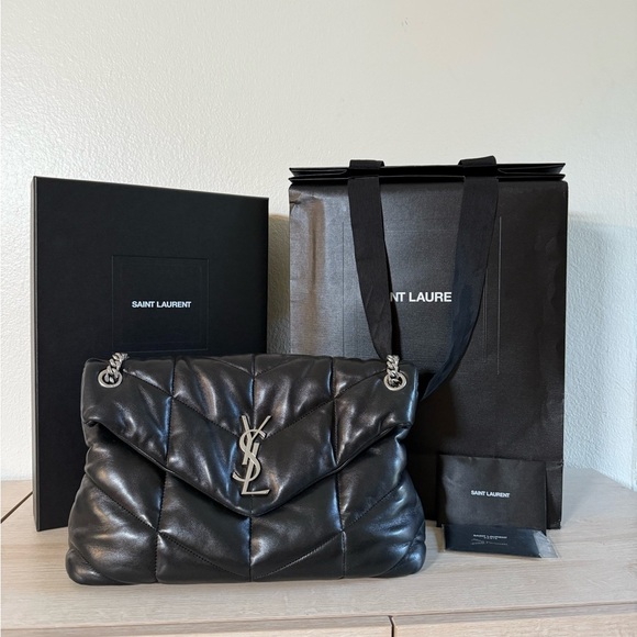 Saint Laurent Lambskin Quilted Monogram Medium Loulou Puffer Chain Satchel Black - Picture 1 of 16